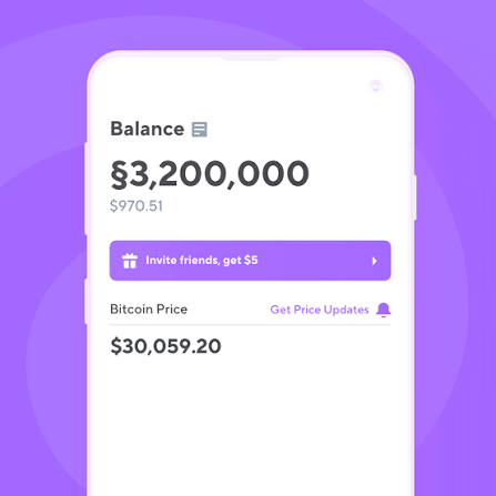 A rewards app balance screen showing an account balance and bitcoin price